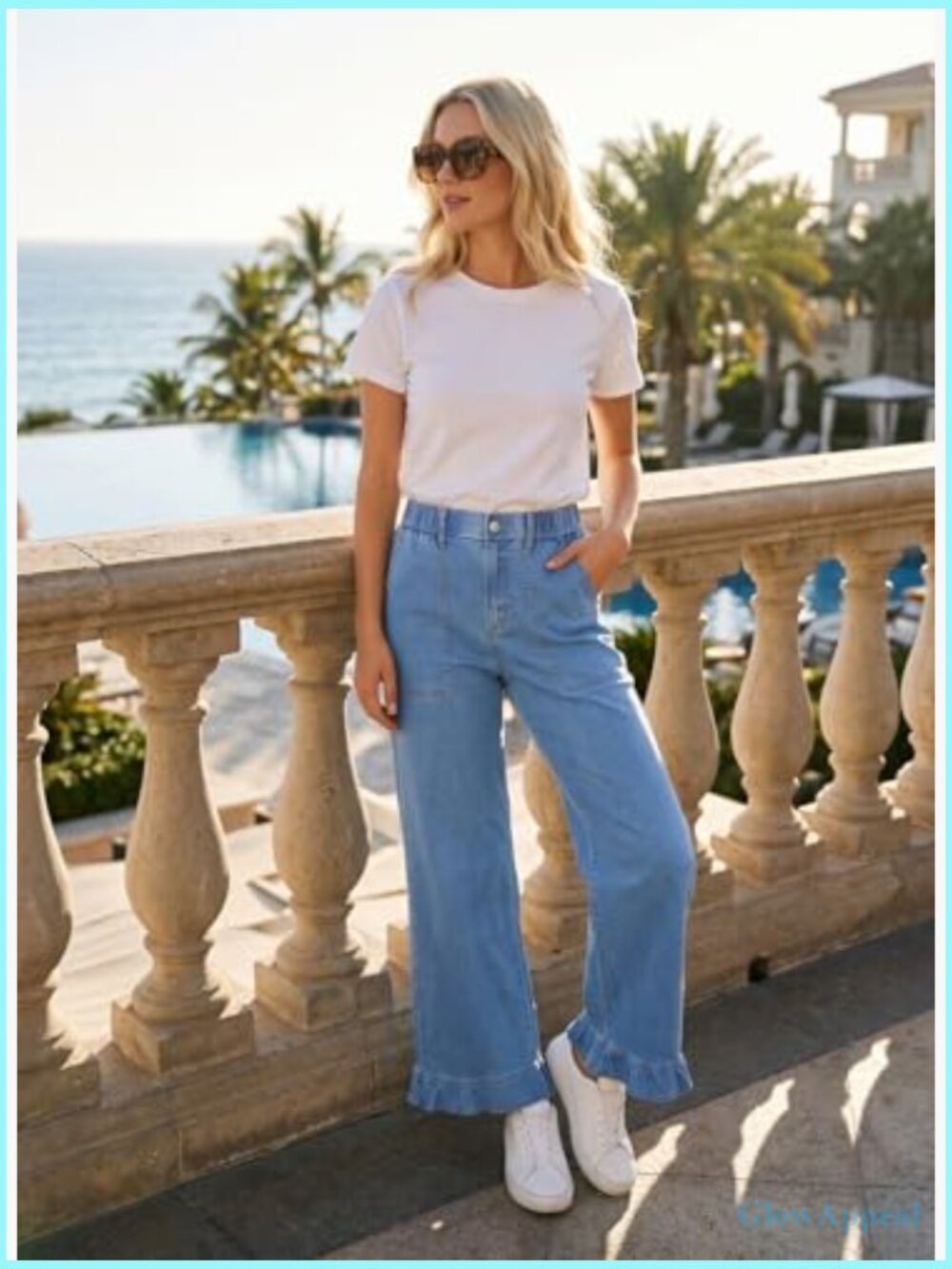 Wide Leg Stretch Denim Jeans Ruffle Hem High Waisted Baggy - Picture 4 of 7